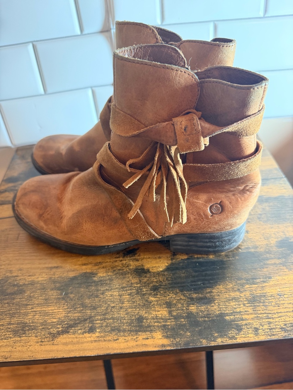 Born Tan Leather Ankle Boots with Wrap Suede Straps - Picture 3 of 6